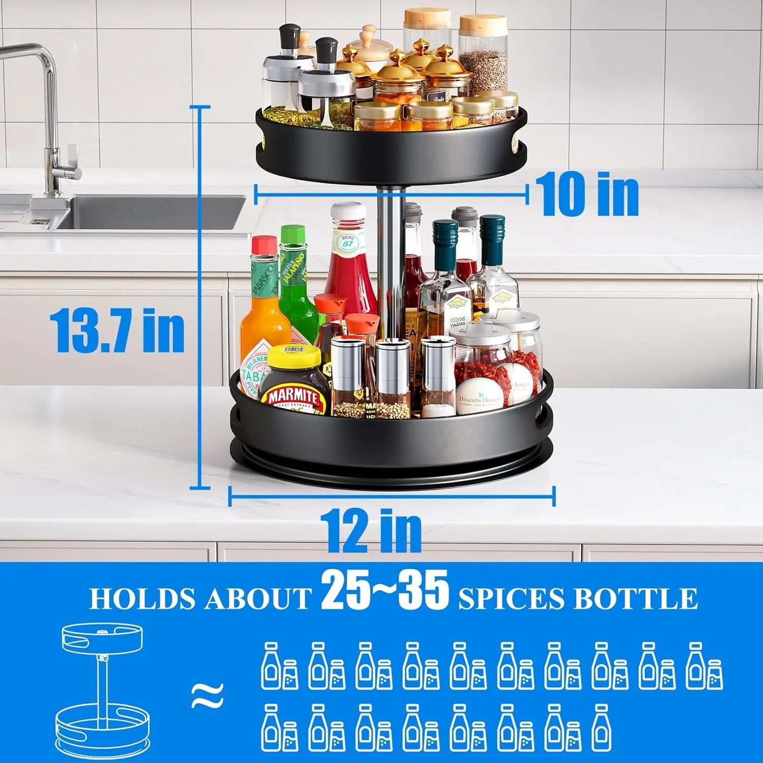 2 Tier Rotating Spice Rack Organizer, 360 Degree Rotation Turntable Kitchen Organizers and Storage, Metal Spice Holder for Kitchen Pantry Storage Cupboard Table