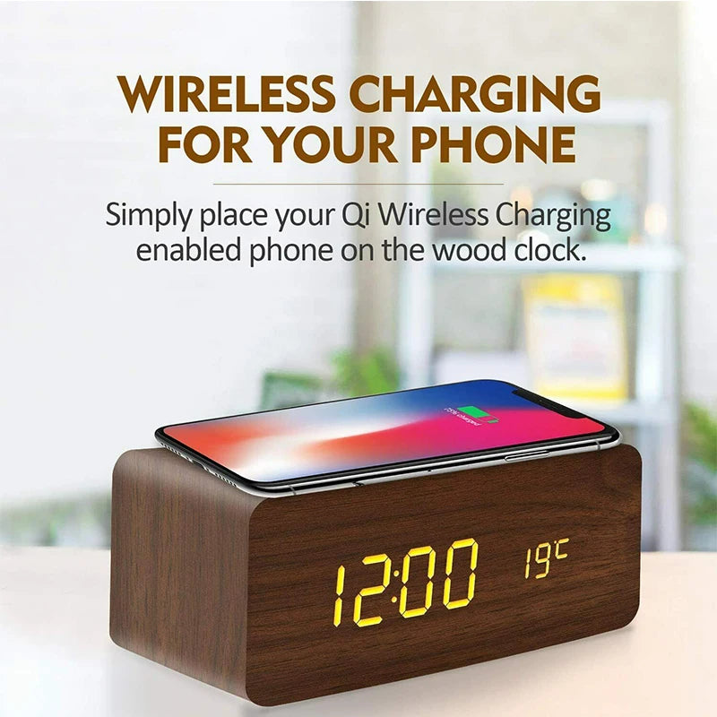 Wooden Digital Alarm Clock with Wireless Charging, LED Clock with Time, Date,Temperature, Desk Clocks for Office,Bedside Clock