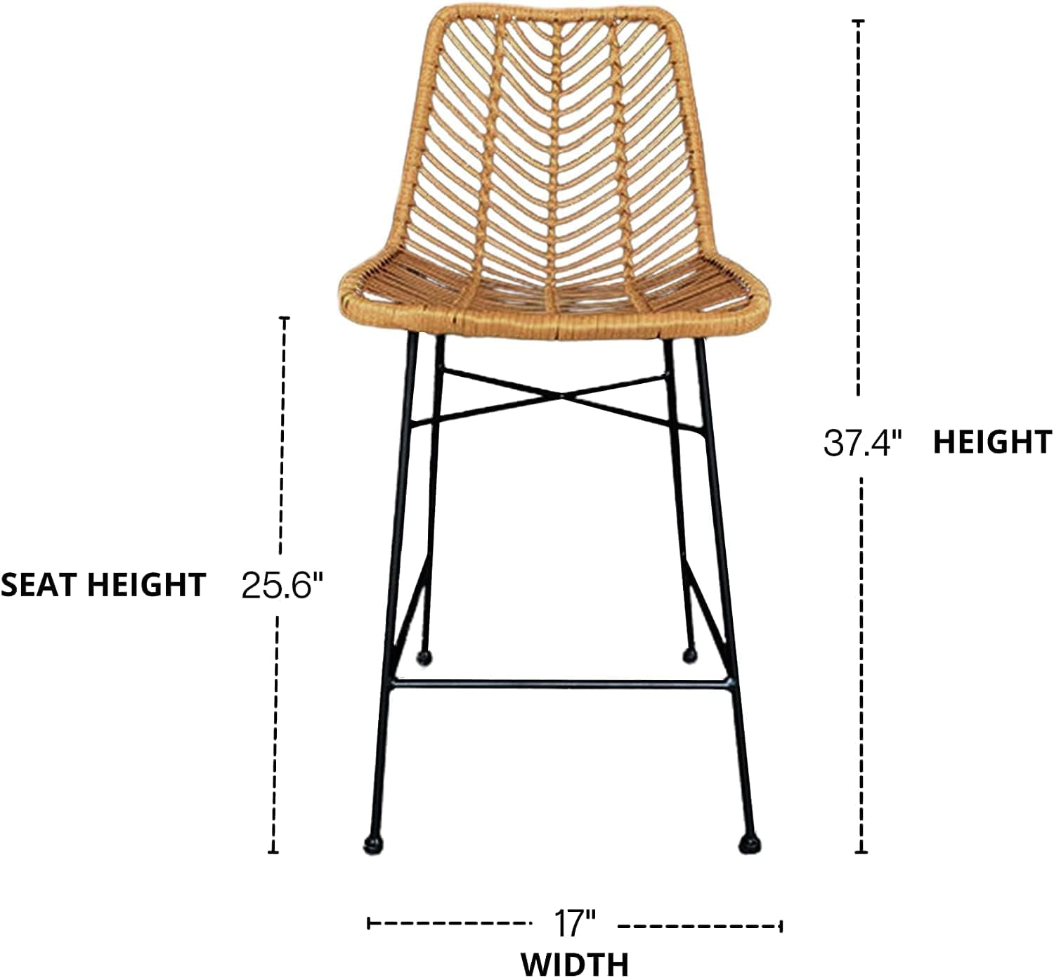 36" Rattan Counter Stool with Black Metal Frame- Use for Indoor and Outdoor, Comfortable Design and Durable Metal Frame. Wicker Stool