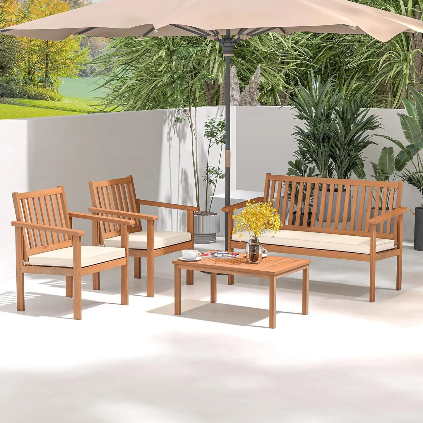 4 Piece Patio Wood Furniture Set, Acacia Wood Sofa Set W/Loveseat, 2 Chairs & Coffee Table, Soft Seat Cushions, Outdoor